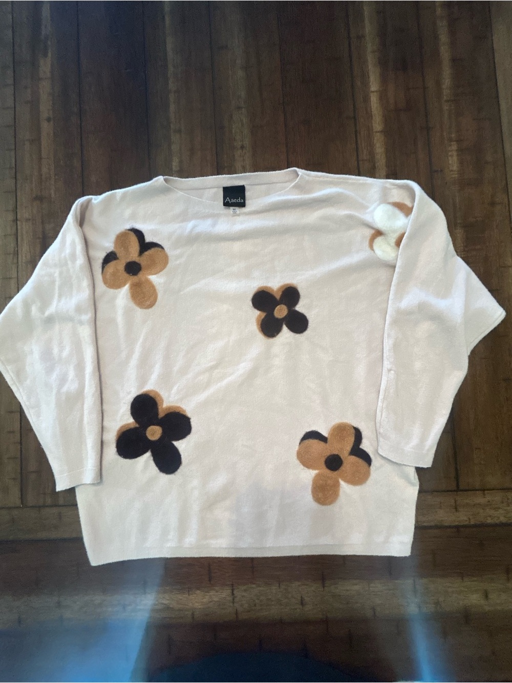 Aaeda Cream Knit Sweater 3D Floral Appliqué Cozy Neutral Top M